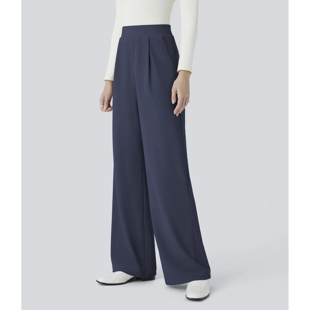 Halara Flex High Waisted Wide Leg Pants Micro Waffle Blue Womens LP Large Petite